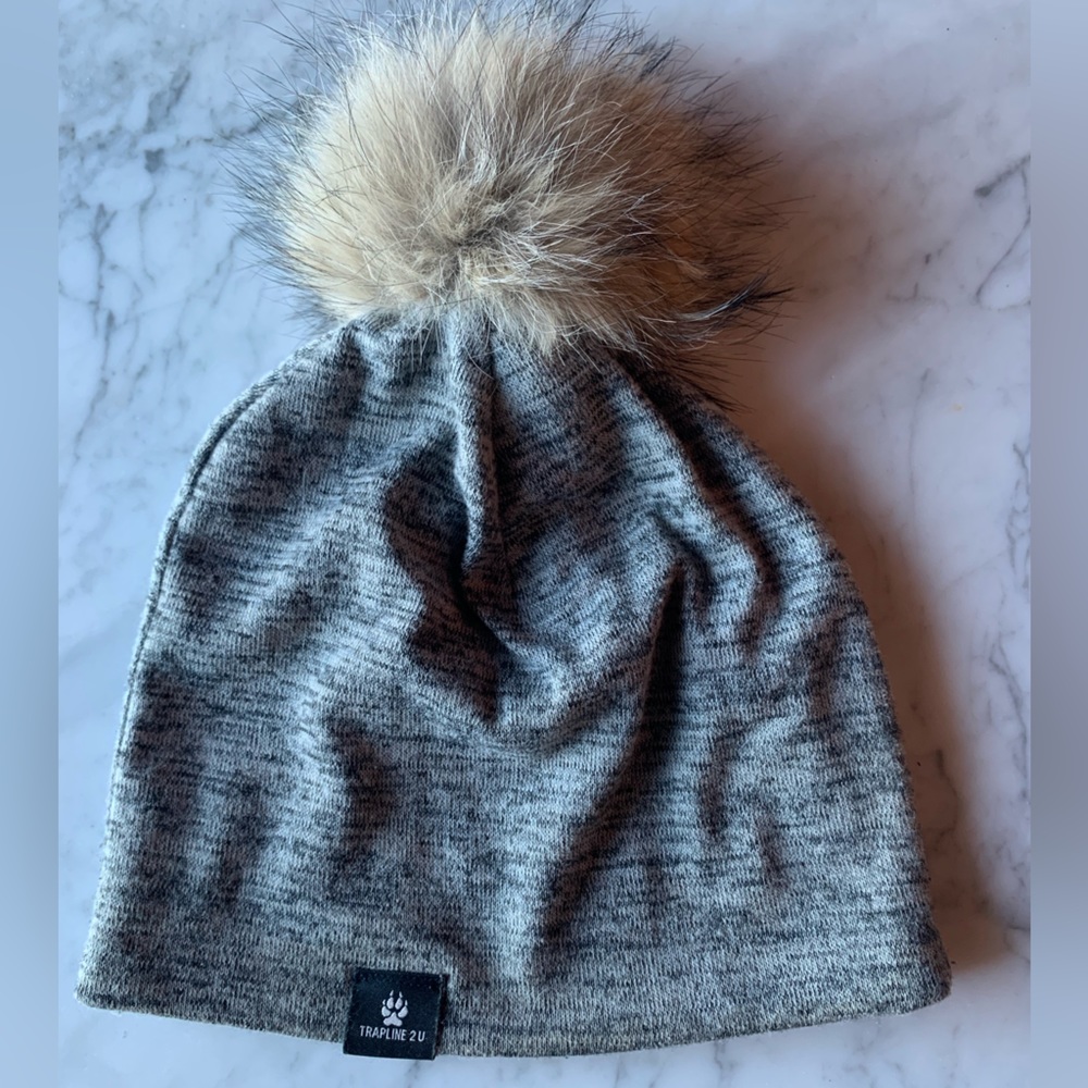 Trapline 2 U Gray Beanie with real Yukon Trap line fur Pom pom